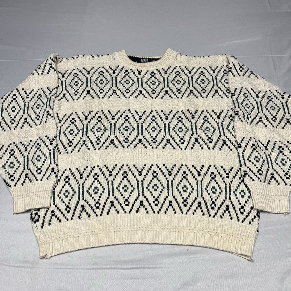 Vintage Geometric Knit Sweater Mens XL Crewneck Grandpa Cotton Hand Knit USA